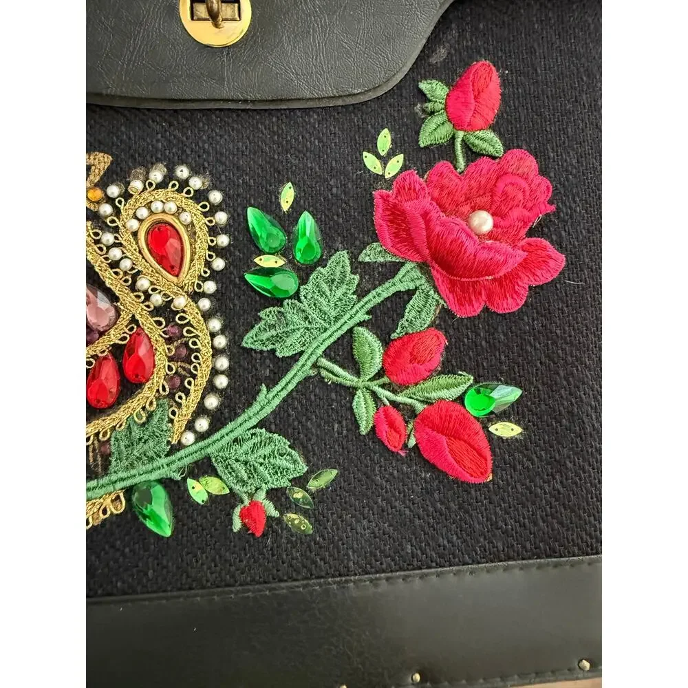 Vintage Embellished Top Handle Rhinestone Flamenco Dancer Embroidered Rose Purse